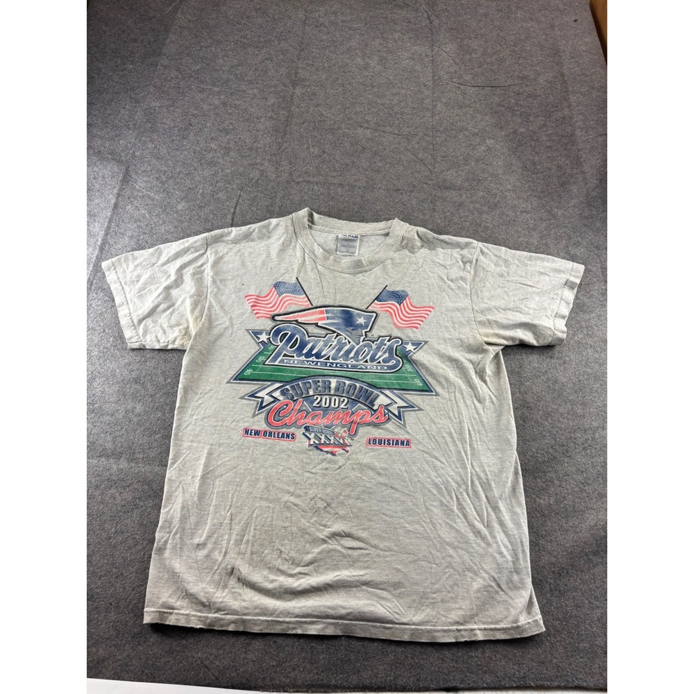 VTG New England Patriots Super Bowl 2002 Champions T-Shirt Grey L THRASHED SEE